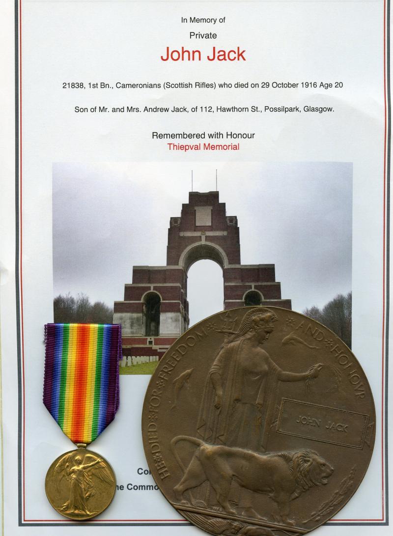 WW1 Memorial Plaque  & Victory Medal To Pte John Jack, 1st Bn., Cameronians (Scottish Rifles)