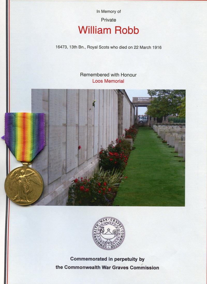 WW1 Victory Medal 1914-1919 To Pte William Robb, 13th Battalion Royal Scots