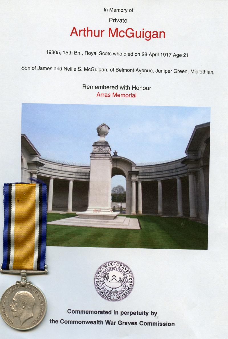 WW1 British War Medal 1914-18 To Pte Arthur McGuigan, 15th Battalion Royal Scots