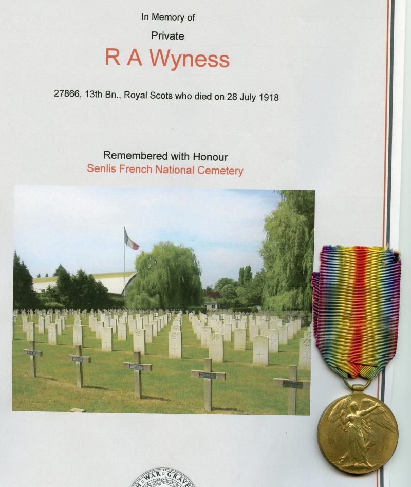 WW1 Victory Medal 1914-1919 To Pte Robert A Wyness,13th Bn., Royal Scots