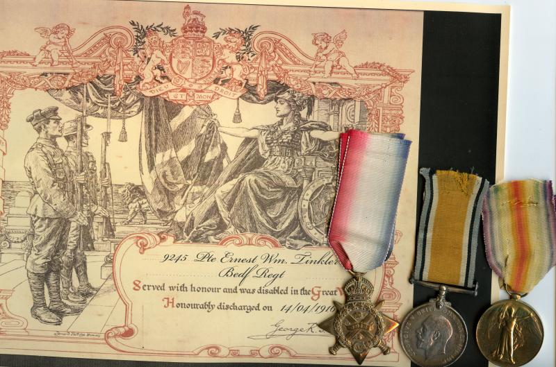 1914 Mons Trio World War One Medals To Pte Ernest William Tinkler 2nd Bn Bedfordshire Regiment)