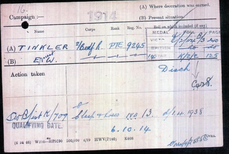 1914 Mons Trio World War One Medals To Pte Ernest William Tinkler 2nd Bn Bedfordshire Regiment)