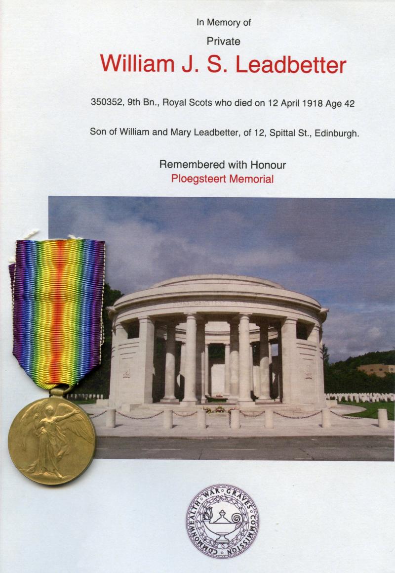 WW1 Victory Medal 1914-1919 To Pte William J. S. Leadbetter, 9th Bn., Royal Scots