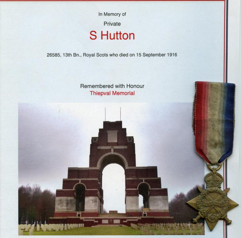 WW1 1914-15 Star Medal To Pte Samuel Hutton, 13th Battalion Royal Scots