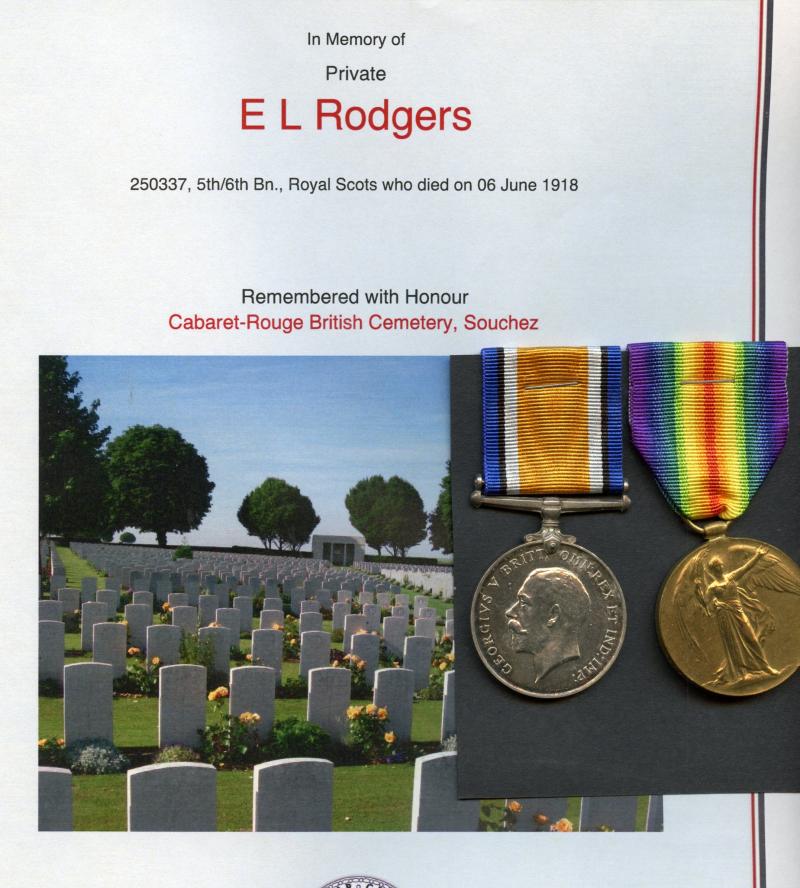 WW1 British War & Victory Medals Pair To Pte Ebenezer L Rodgers, 5th/6th Bn., Royal Scots