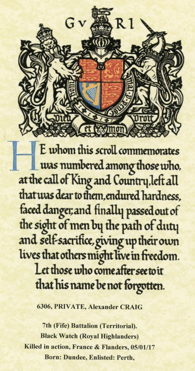 WW1 British War Medal 1914-18 To Pte Alexander Craig,1st/7th Bn., Black Watch (Royal Highlanders)