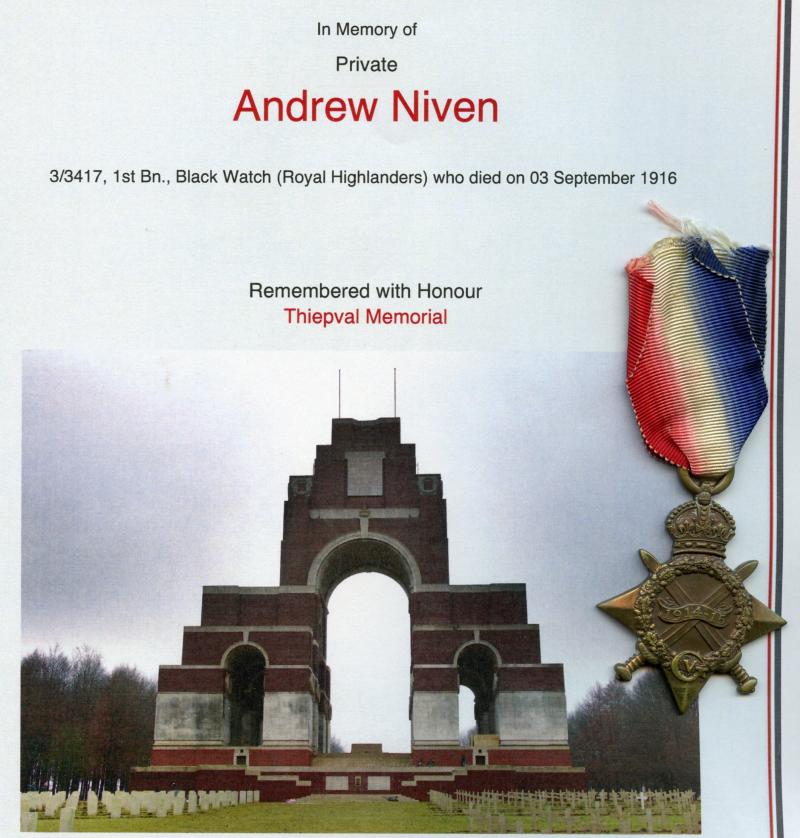 WW1 1914-15 Star Medal To Pte Andrew Niven, 1st Bn., Black Watch (Royal Highlanders)