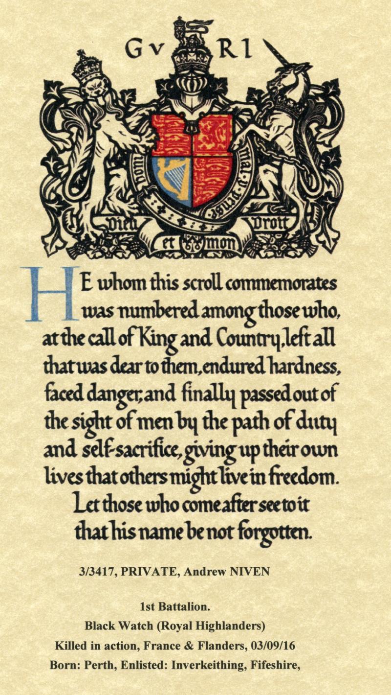 WW1 1914-15 Star Medal To Pte Andrew Niven, 1st Bn., Black Watch (Royal Highlanders)