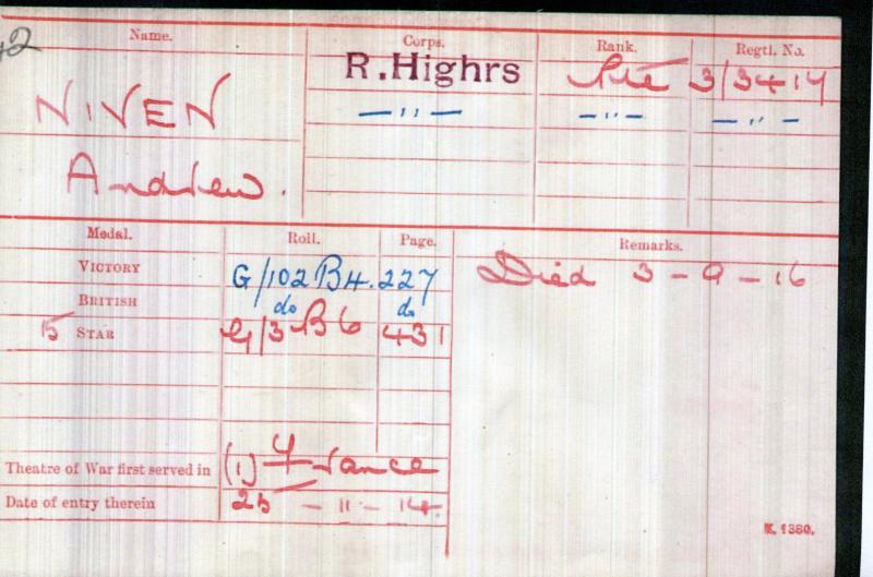 WW1 1914-15 Star Medal To Pte Andrew Niven, 1st Bn., Black Watch (Royal Highlanders)