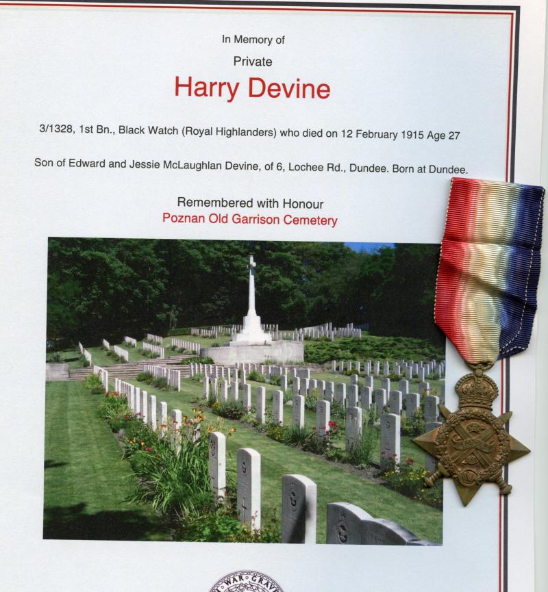 WW1 1914 Mons Star Medal To Pte Harry Devine 1st Bn., Black Watch (Royal Highlanders ( Prisoner of War )