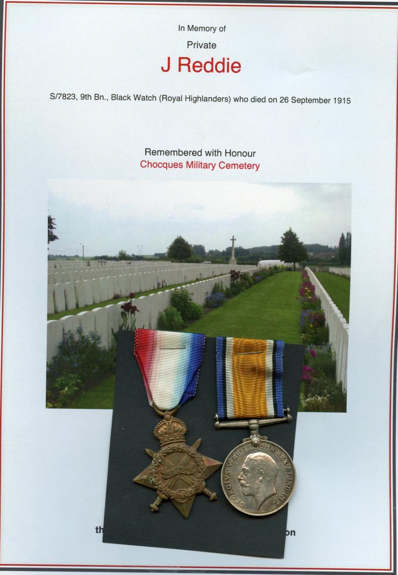 WW1 1914-15 Star & British War Medal 1914-18 To Pte James Reddie 9th Bn., Black Watch (Royal Highlanders)