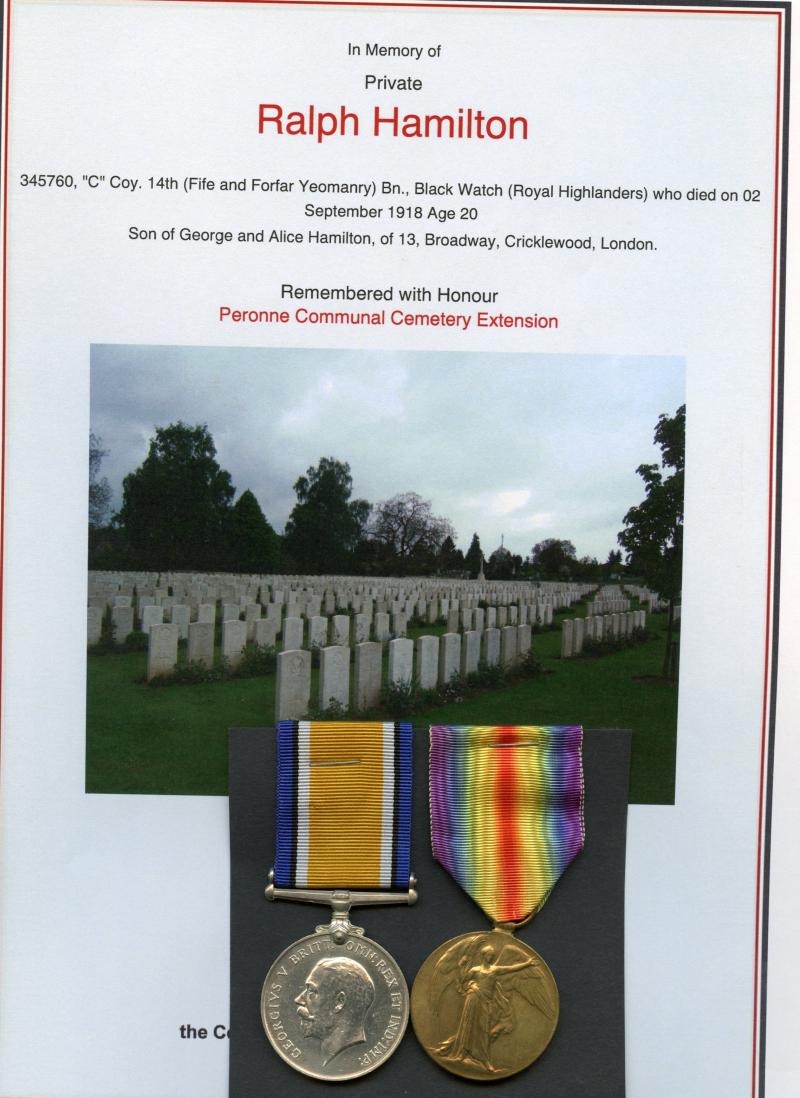 WW1 British War & Victory Medals Pair To Pte Ralph Hamilton ,14th (Fife and Forfar Yeomanry) Bn., Black Watch (Royal Highlanders)