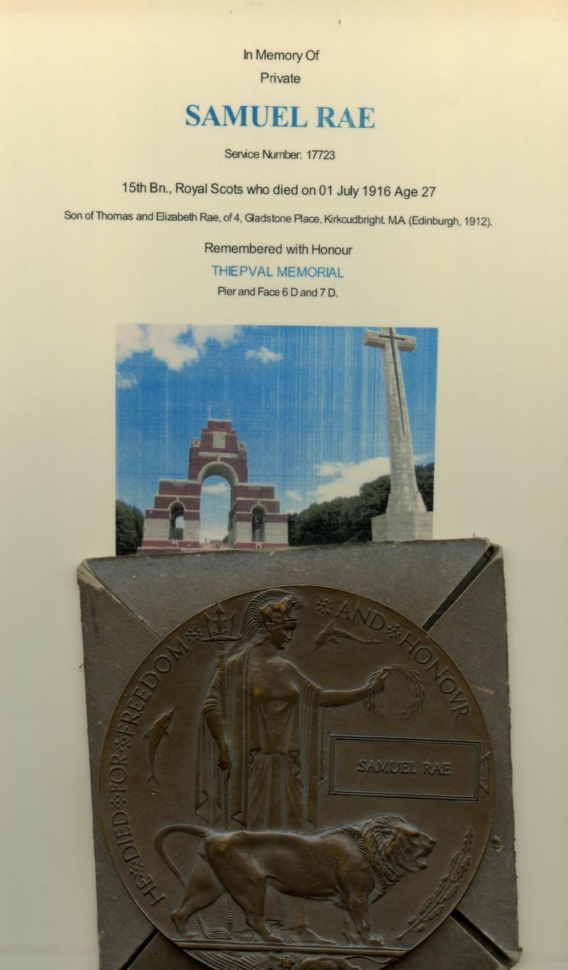 WW1 Memorial Plaque To Pte Samuel Rae, 15th Bn Royal Scots Killed in Action on the 1st Day of The Battle of Somme