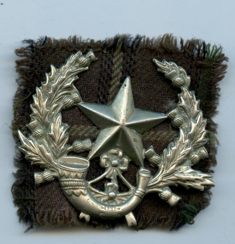 WW1 Cameronians, Scottish Rifles  Cap Badge with Tartan backing