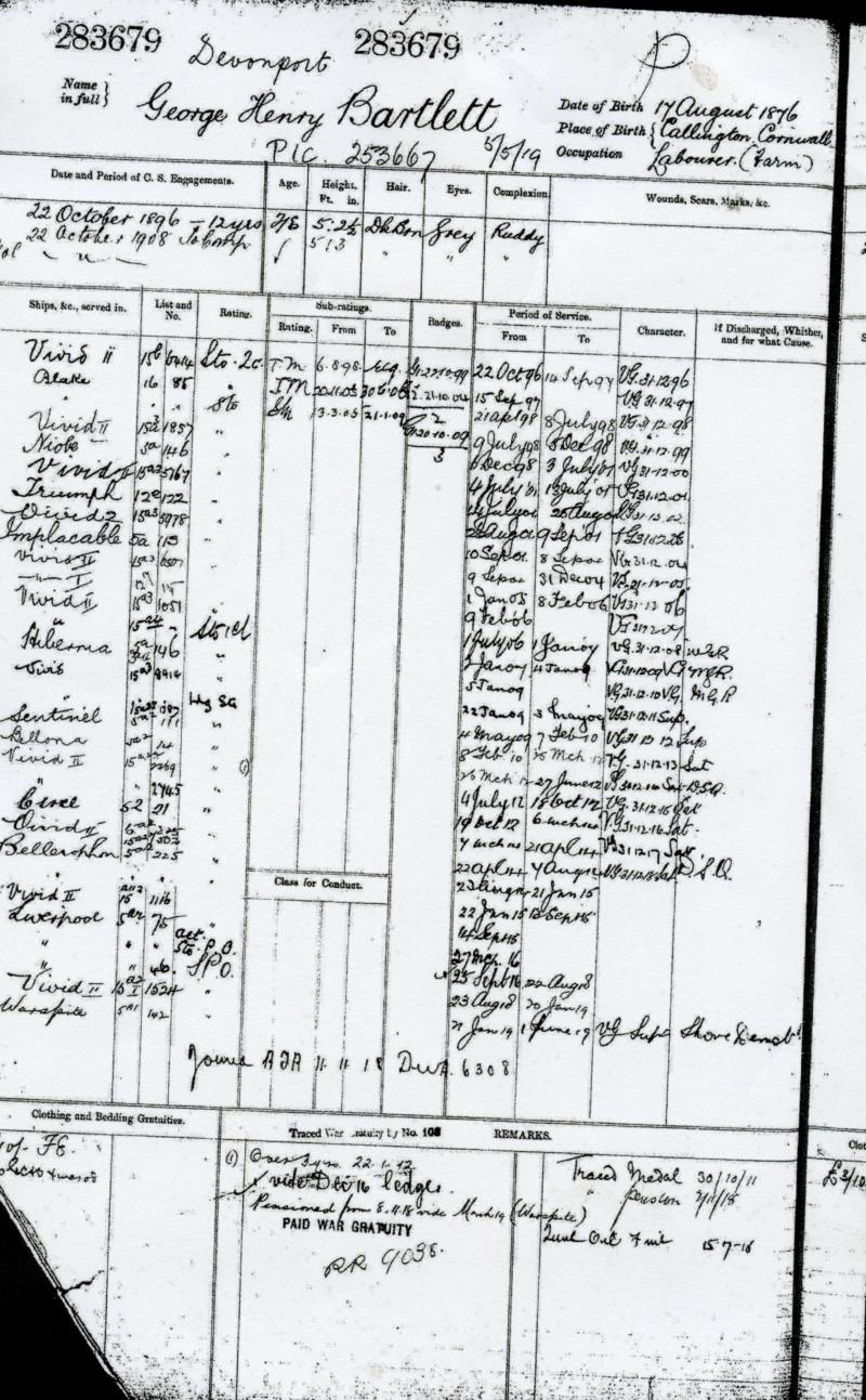 WW1 Medals & Royal Navy Long Service Medal To Stoker Petty Officer George Henry Bartlett, HMS Bellona ( From Callington, Cornwall)
