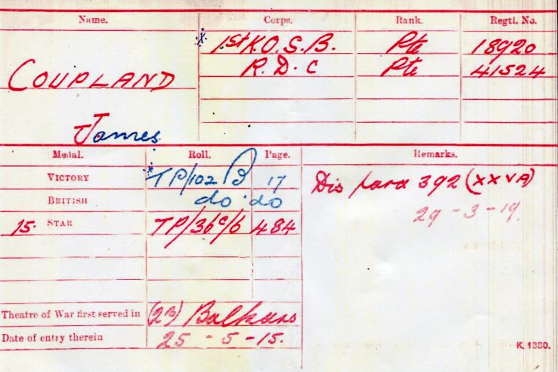 WW1 1914-15 Star Medal to Pte James Coupland, 1st Bn King's Own Scottish Borderers
