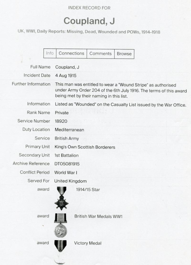 WW1 1914-15 Star Medal to Pte James Coupland, 1st Bn King's Own Scottish Borderers