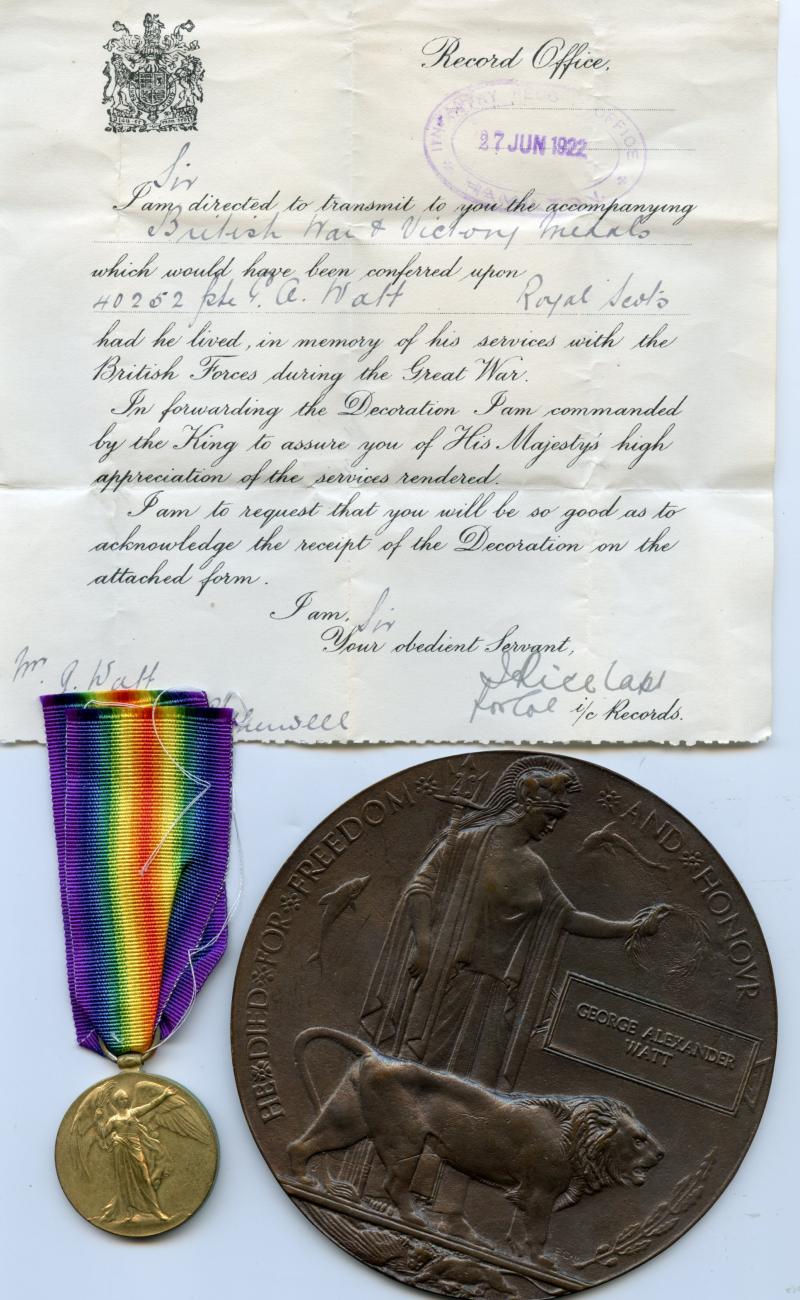 WW1 Victory Medal with Memorial Plaque To Pte George Alexander Watt, King's Own Scottish Borderers & Royal Scots
