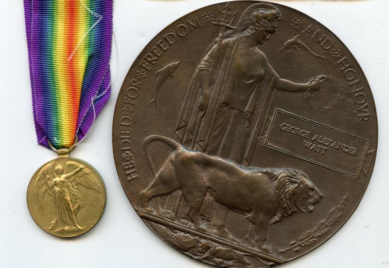 WW1 Victory Medal with Memorial Plaque To Pte George Alexander Watt, King's Own Scottish Borderers & Royal Scots