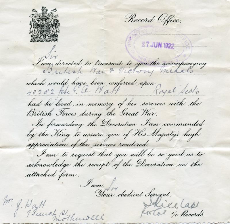 WW1 Victory Medal with Memorial Plaque To Pte George Alexander Watt, King's Own Scottish Borderers & Royal Scots