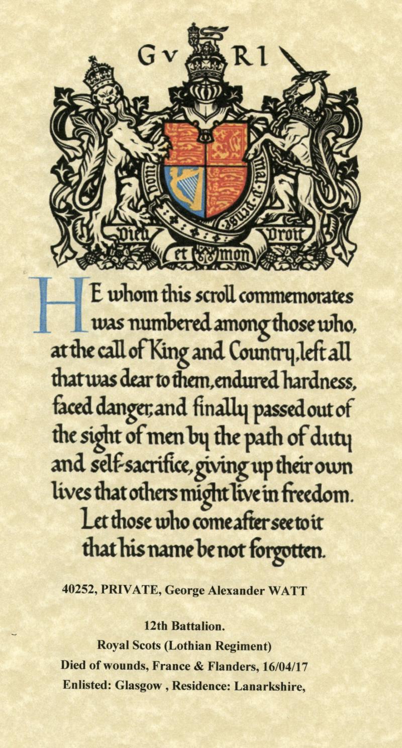 WW1 Victory Medal with Memorial Plaque To Pte George Alexander Watt, King's Own Scottish Borderers & Royal Scots