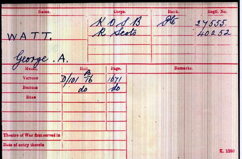 WW1 Victory Medal with Memorial Plaque To Pte George Alexander Watt, King's Own Scottish Borderers & Royal Scots