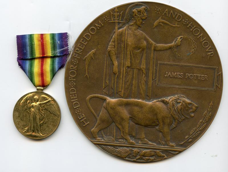 WW1 Victory Medal with Memorial Plaque To Pte James Potter, 6th Bn King's Own Scottish Borderers