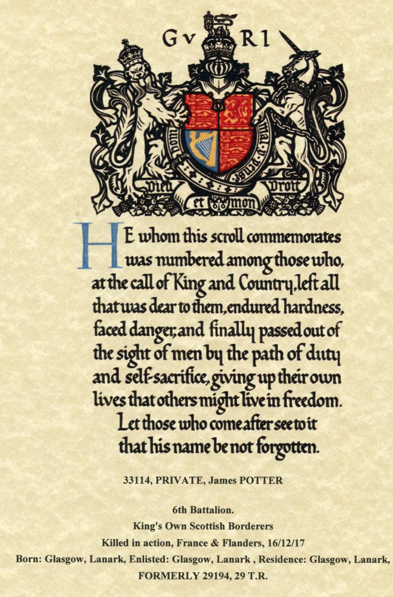 WW1 Victory Medal with Memorial Plaque To Pte James Potter, 6th Bn King's Own Scottish Borderers