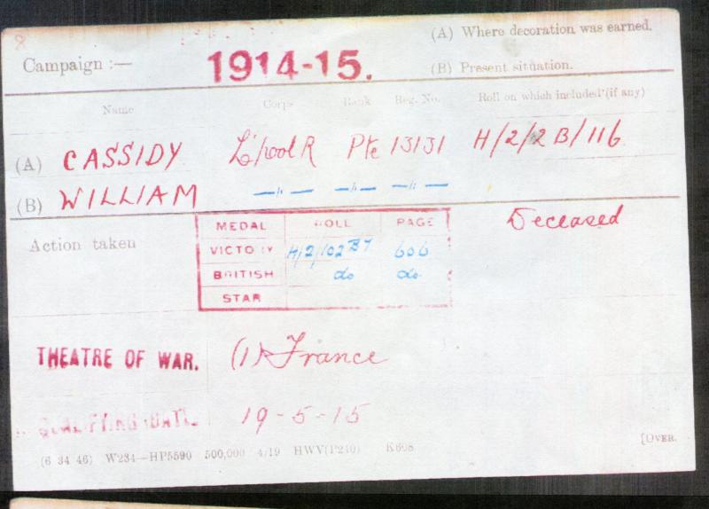 WW1 British War Medal 1914-18 To Pte William Cassidy, 11th Bn., The King's (Liverpool Regiment)