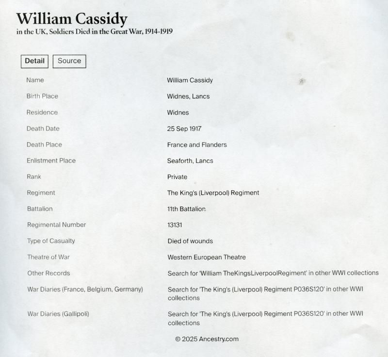 WW1 British War Medal 1914-18 To Pte William Cassidy, 11th Bn., The King's (Liverpool Regiment)