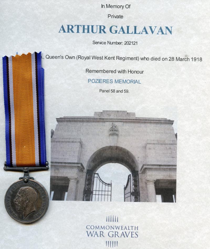 WW1 British War Medal 1914-18 To Pte Arthur Gallavan, 7th Bn., Queen's Own (Royal West Kent Regiment)