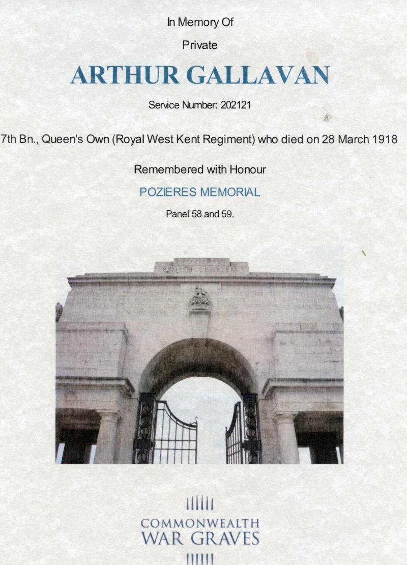 WW1 British War Medal 1914-18 To Pte Arthur Gallavan, 7th Bn., Queen's Own (Royal West Kent Regiment)