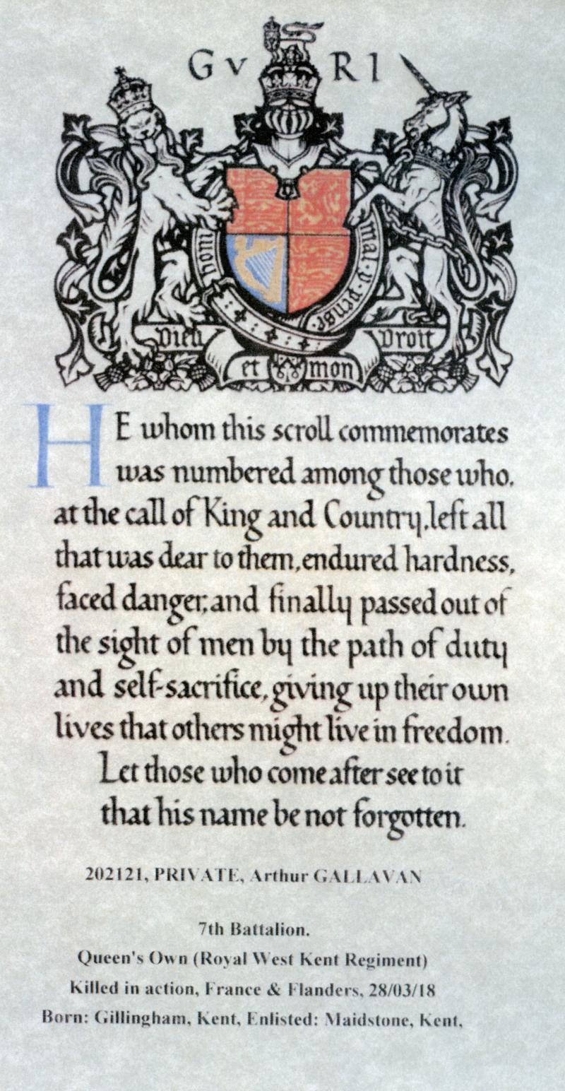 WW1 British War Medal 1914-18 To Pte Arthur Gallavan, 7th Bn., Queen's Own (Royal West Kent Regiment)