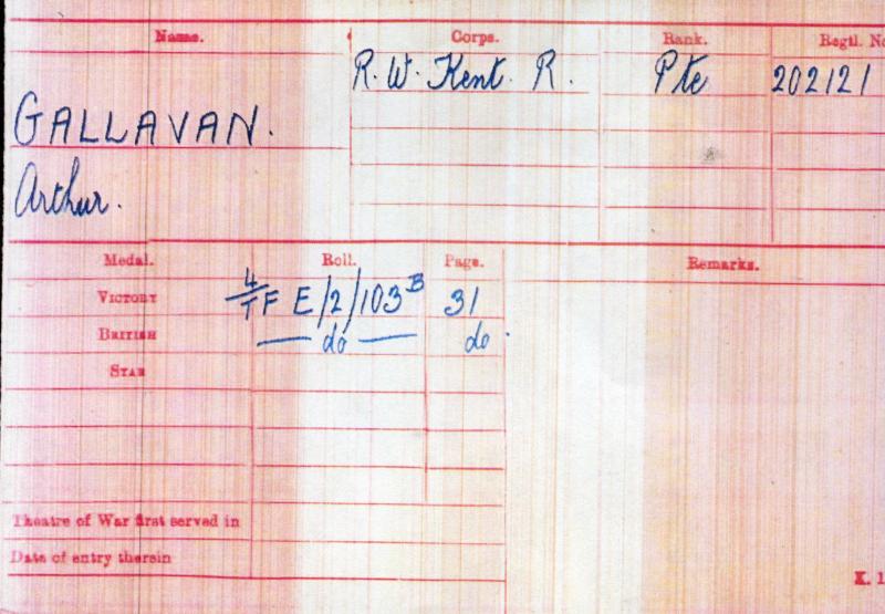 WW1 British War Medal 1914-18 To Pte Arthur Gallavan, 7th Bn., Queen's Own (Royal West Kent Regiment)