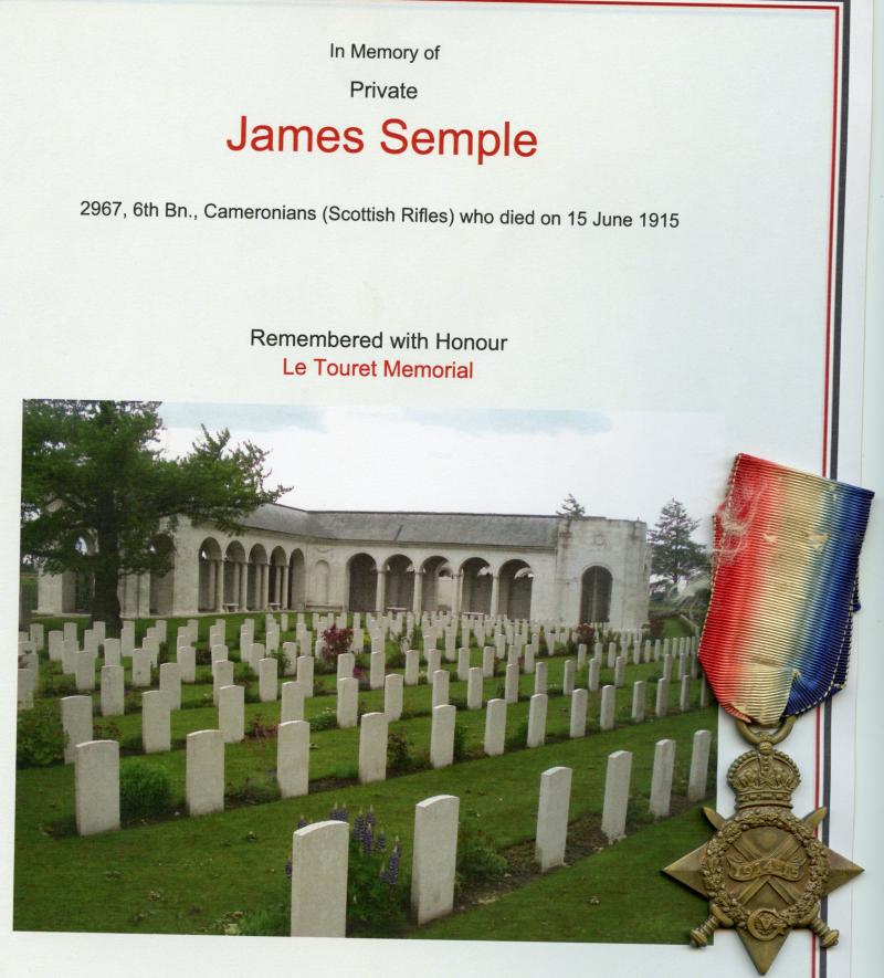 WW1 1914 -15 Star Medal To Pte James Semple 6th Bn., Cameronians (Scottish Rifles)