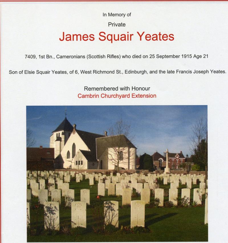 WW1 1914 Mons Trio To Pte James Squire Yeates, 1st Bn., Cameronians (Scottish Rifles)