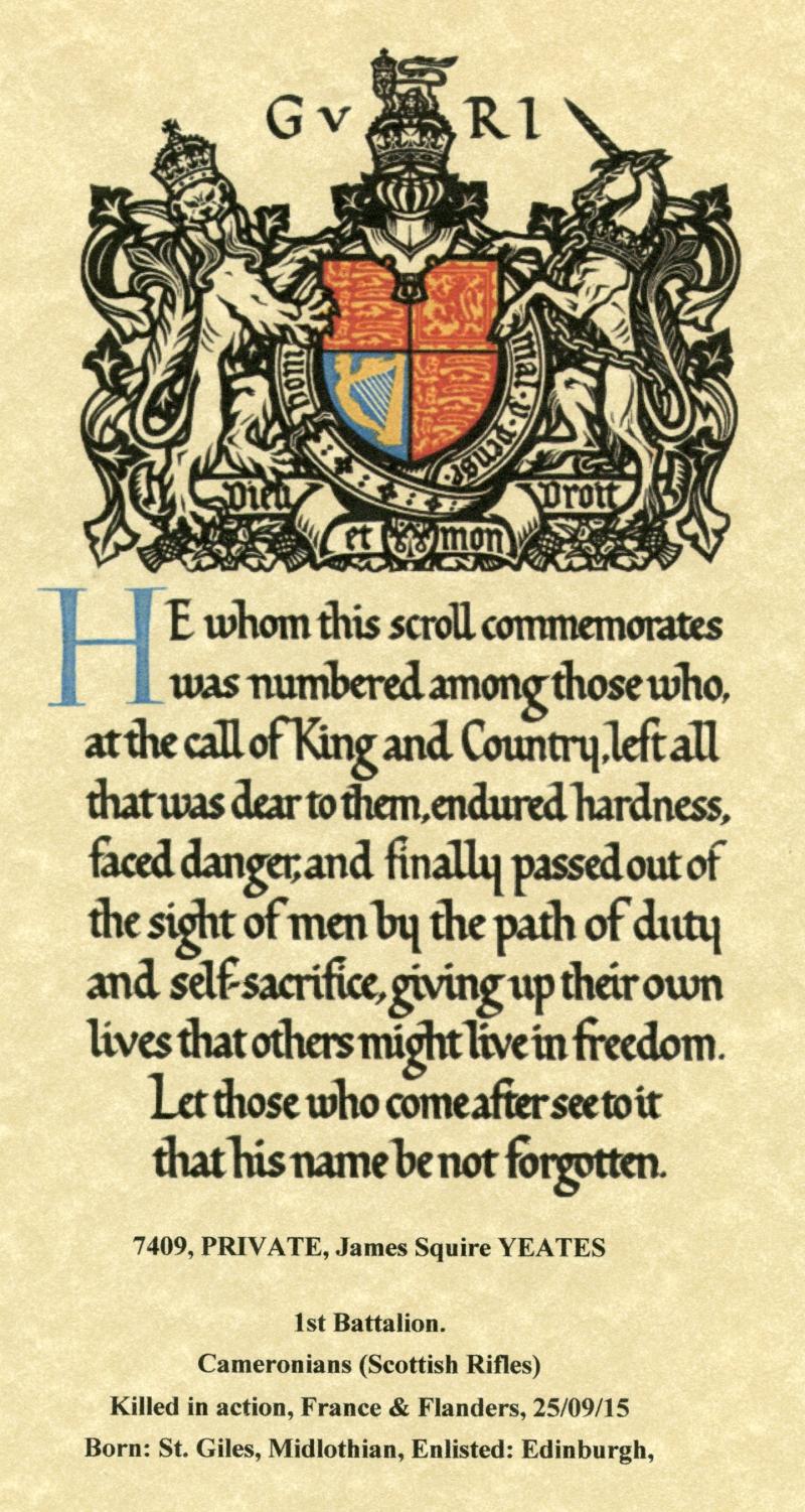 WW1 1914 Mons Trio To Pte James Squire Yeates, 1st Bn., Cameronians (Scottish Rifles)