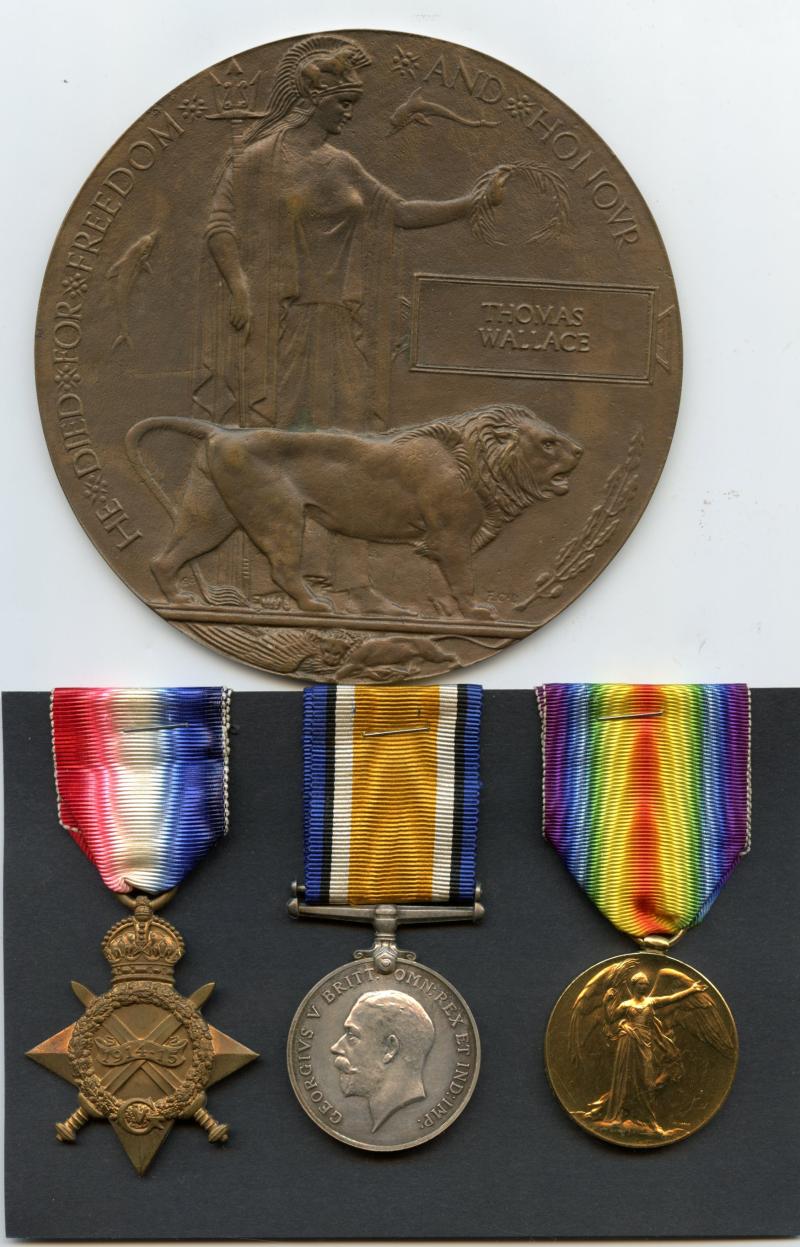 1914-15 Star Trio & Memorial Plaque to Pte Thomas Wallace, 5th Bn., Cameronians (Scottish Rifles)