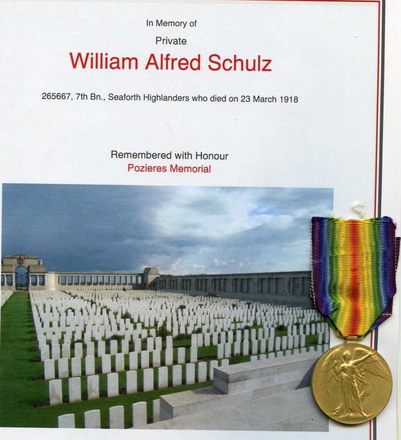 WW1 Victory Medal 1914-1919 To Pte William Alfred Schulz, 7th Bn., Seaforth Highlanders