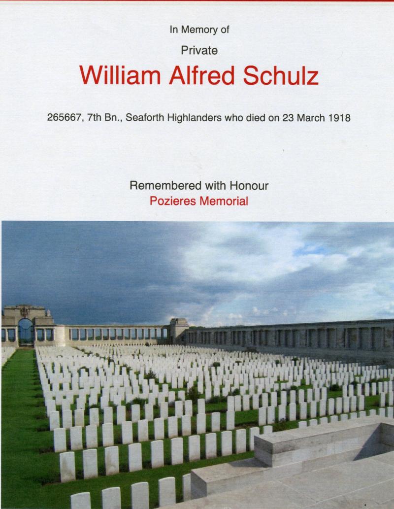 WW1 Victory Medal 1914-1919 To Pte William Alfred Schulz, 7th Bn., Seaforth Highlanders