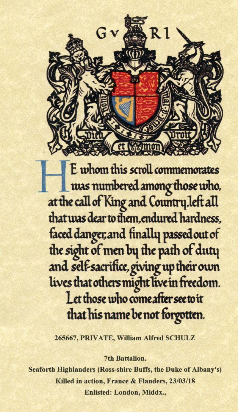 WW1 Victory Medal 1914-1919 To Pte William Alfred Schulz, 7th Bn., Seaforth Highlanders