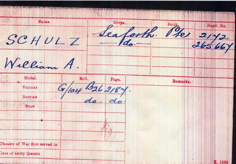 WW1 Victory Medal 1914-1919 To Pte William Alfred Schulz, 7th Bn., Seaforth Highlanders