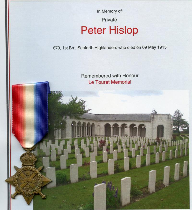 WW1 1914 Mons Star Medal To Pte Peter Hislop, 1st Bn., Seaforth Highlanders