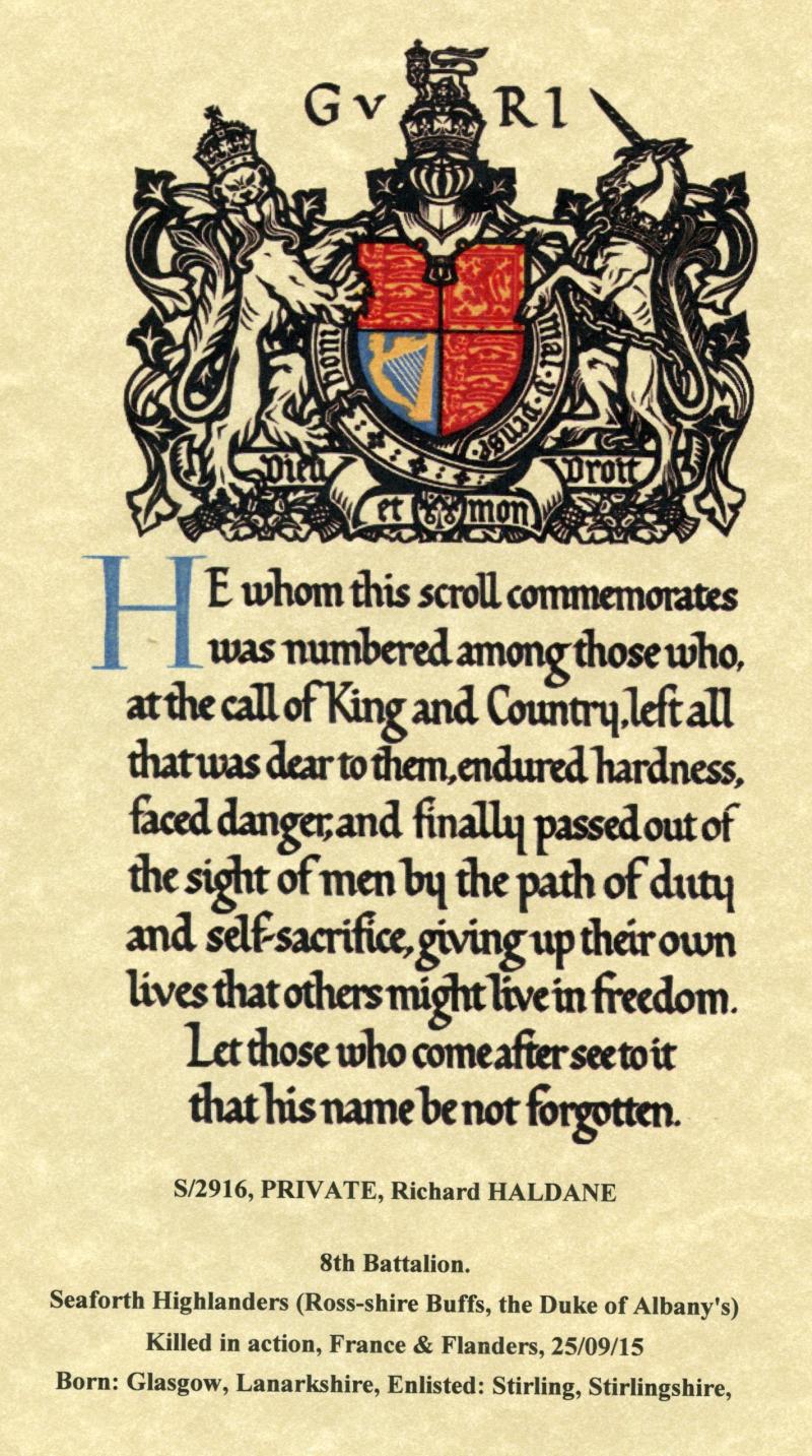 WW1 Victory Medal 1914-1919 To Pte Richard Haldane, 8th Bn., Seaforth Highlanders