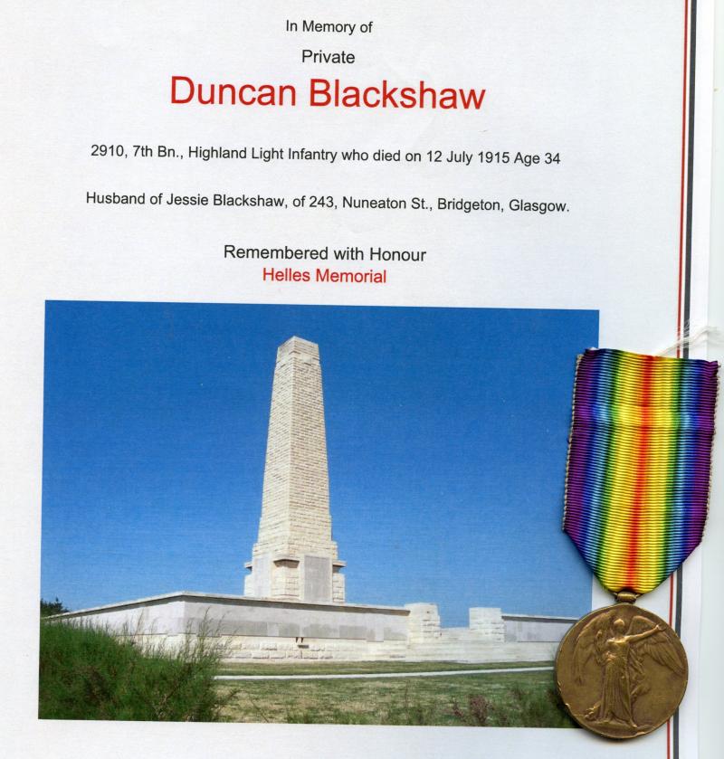 WW1 Victory Medal To Pte Duncan Blackshaw, 7th Bn., Highland Light Infantry