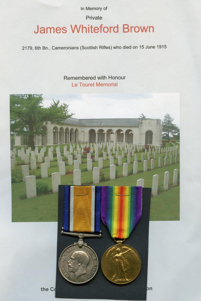 WW1 British War & Victory Medals Pair To Pte James Whiteford Brown 6th Bn., Cameronians (Scottish Rifles)