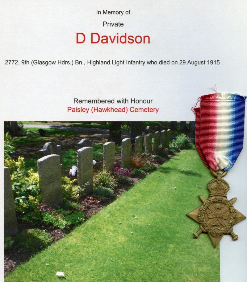 WW1 1914 Mons Star Medal To To Pte David Davidson 9th (Glasgow Highlanders.) Bn., Highland Light Infantry