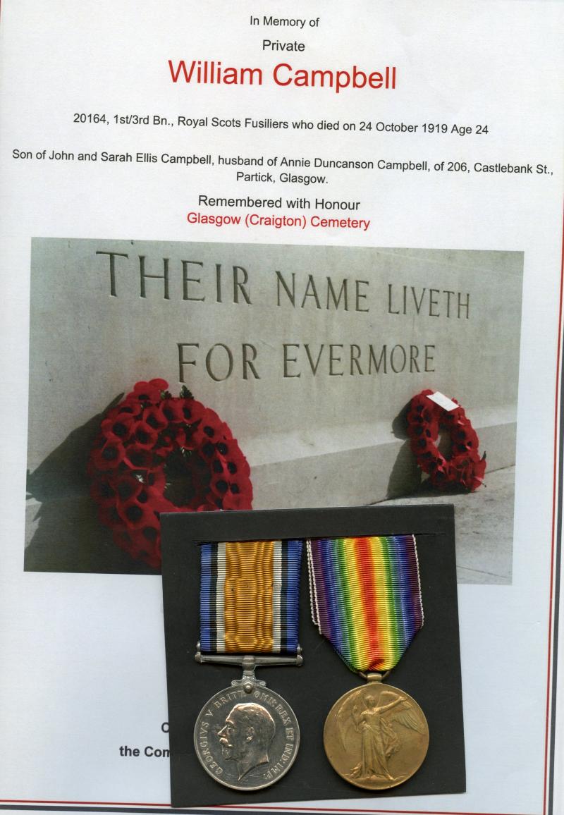 WW1 British War & Victory Medals Pair To Pte William Campbell 1st/3rd Bn., Royal Scots Fusiliers