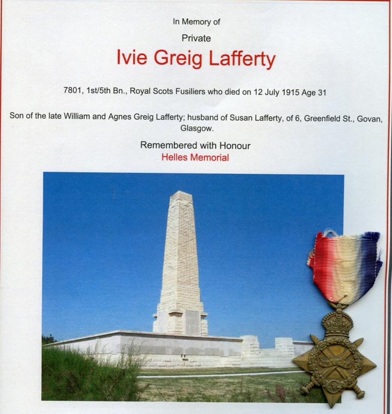 WW1 1914-15 Star Medal To Pte Ivie Greig Lafferty, 1st/5th Bn., Royal Scots Fusiliers