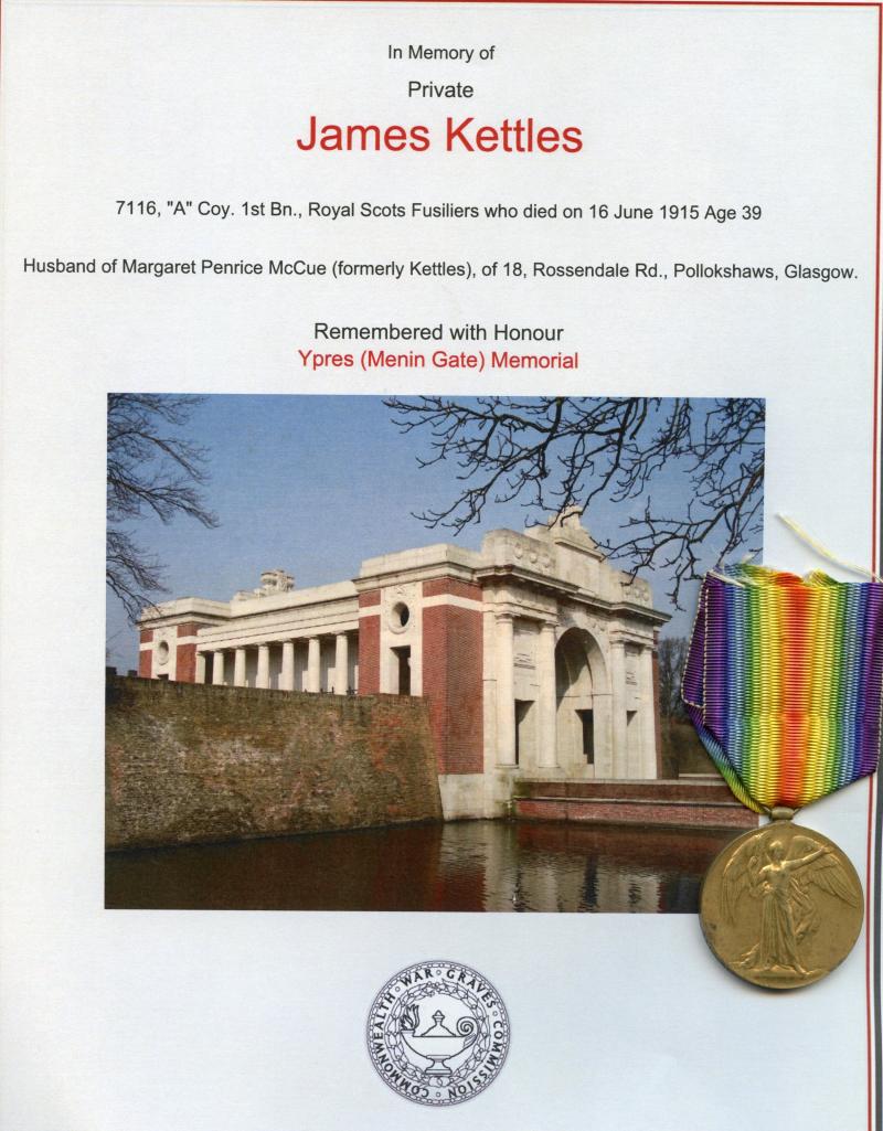 WW1 Victory Medal 1914-1919 To Pte James Kettles, 1st Bn., Royal Scots Fusiliers